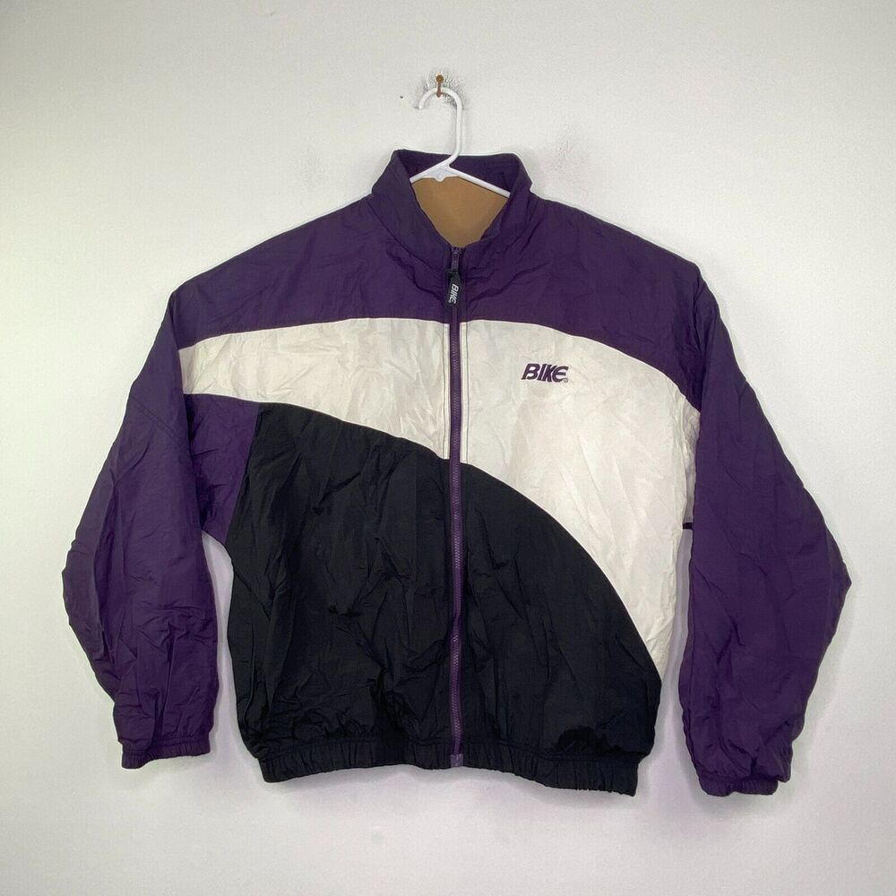 Bike Men's XL Jacket Purple White Black Colorblock Full Zip Windbreaker VTG AT11